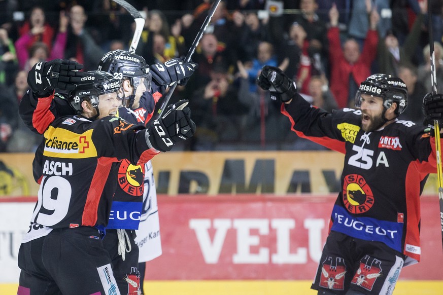 Die Berner Ryan Lasch, Simon Bodenmann und Andrew Ebbett, von links, jubeln im fuenften Eishockey Playoff Finalspiel der National League A zwischen dem SC Bern und dem EV Zug am Samstag, 15. April 201 ...