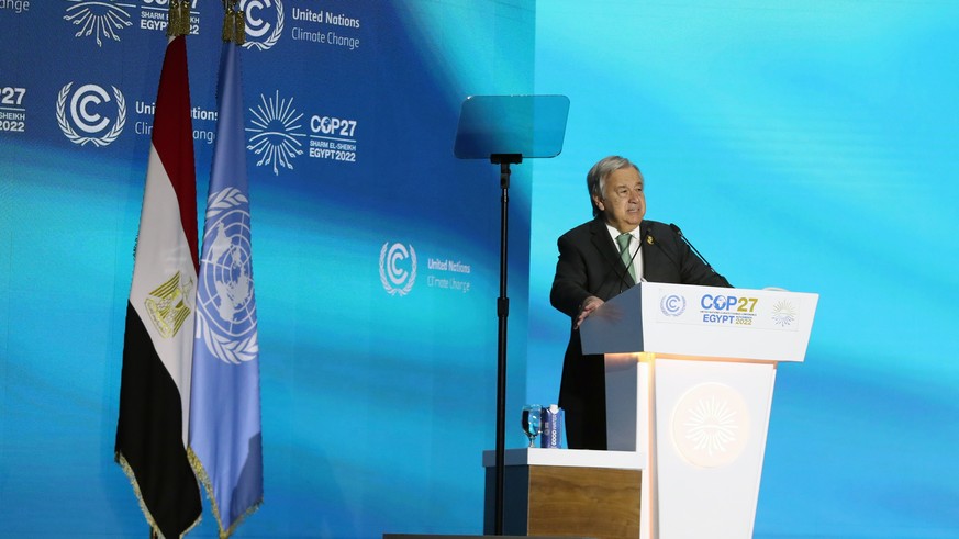 epa10292118 UN Secretary General Antonio Guterres speaks during the inauguration of United Nations Conference on Climate Change Conference (COP27), in Sharm El-Sheikh, in Egypt, 07 November 2022. The  ...