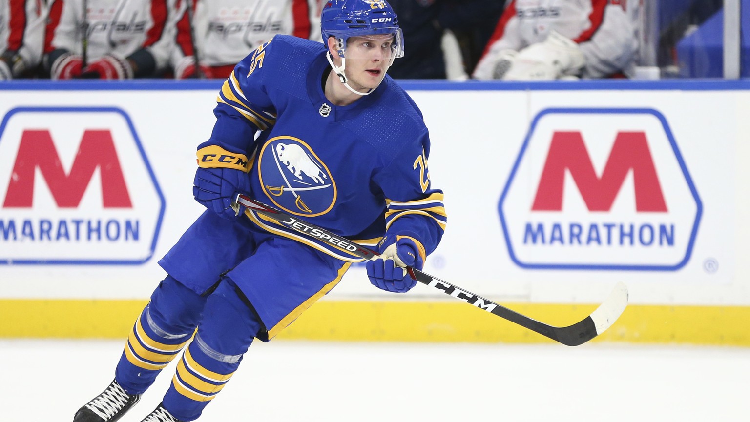 Buffalo Sabres forward Arttu Ruotsalainen (25) skates during the third period of an NHL hockey game against the Washington Capitals, Friday, April 9, 2021, in Buffalo, N.Y. (AP Photo/Jeffrey T. Barnes ...