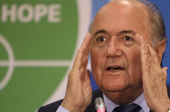 FILE - In this Tuesday, June 23, 2009 file photo FIFA president Sepp Blatter gestures as he speaks at the inaugural 'Football for Hope Forum', during the Confederations Cup soccer tournament, at a hot ...