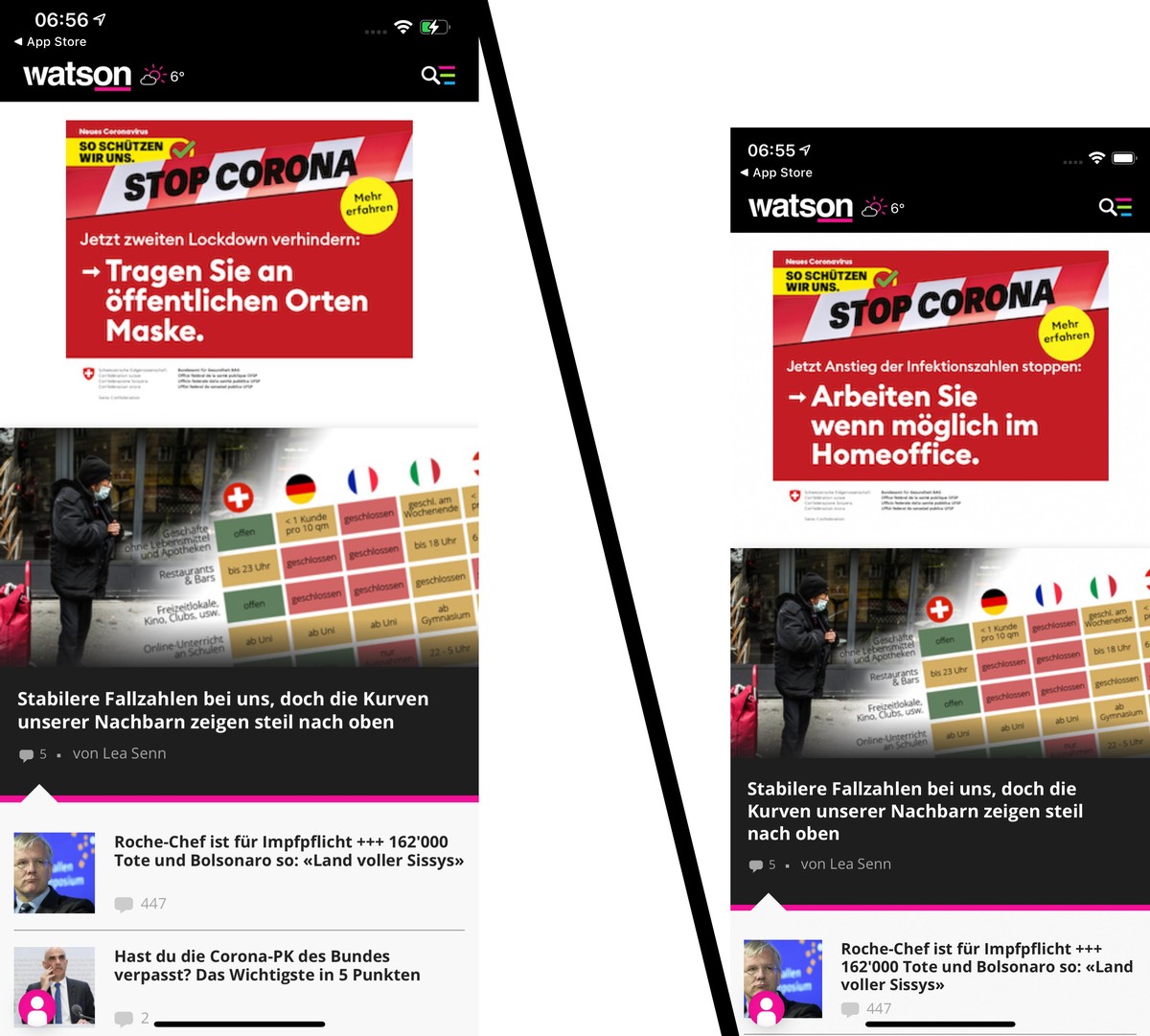 Links der watson-Startscreen auf dem XL-iPhone, rechts auf dem iPhone 12 Mini.