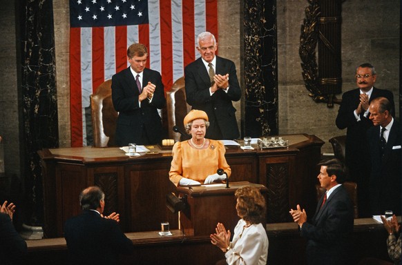 **FILE PHOTO** Queen Elizabeth II Has Passed Away. Queen Elizabeth II of Great Britain addresses a Joint Session of the United States Congress in the US House Chamber in the US Capitol during a State  ...