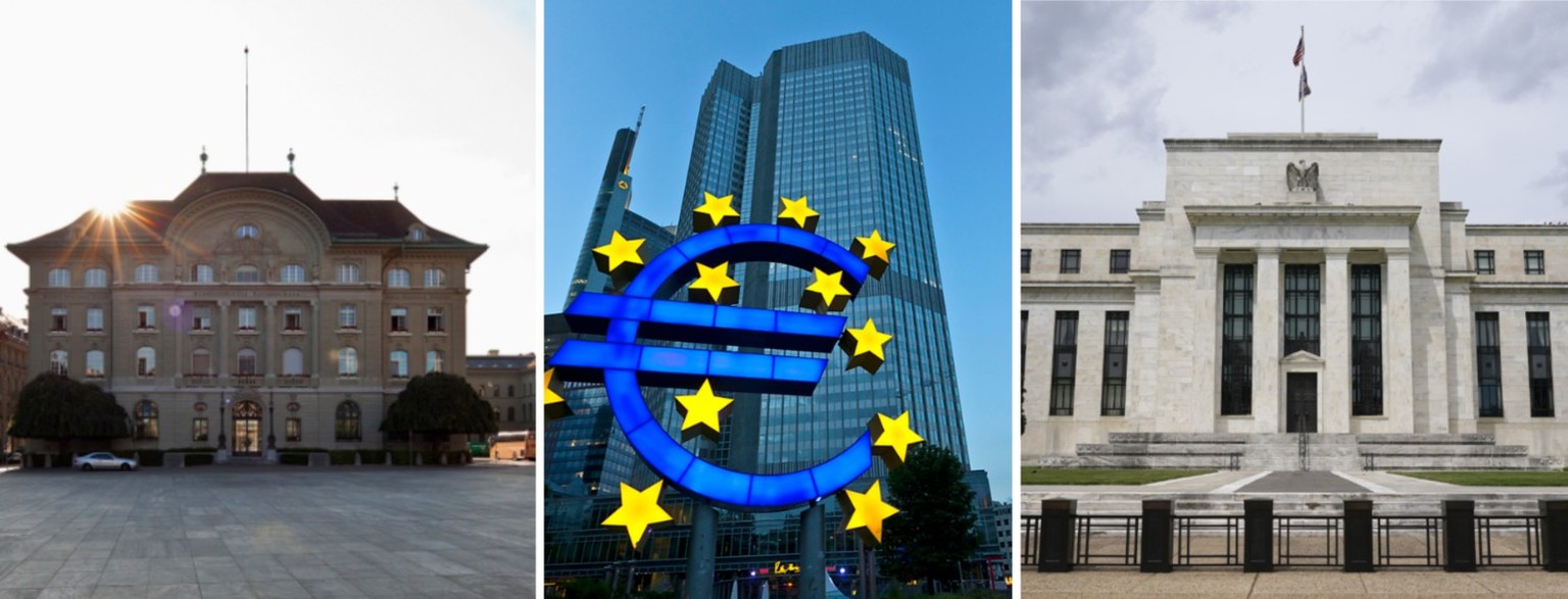 Die Schweizerische Nationalbank (SNB) in Bern, die Europäische Zentralbank (EZB) in Frankfurt am Main und das Federal Reserve System (Fed) in Washington D.C.