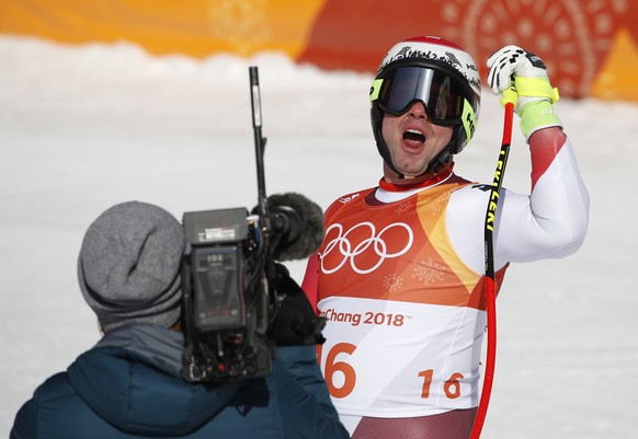 Switzerland&#039;s Beat聽Feuz reacts after finishing the men&#039;s super-G at the 2018 Winter Olympics in Jeongseon, South Korea, Friday, Feb. 16, 2018. (AP Photo/Christophe Ena)