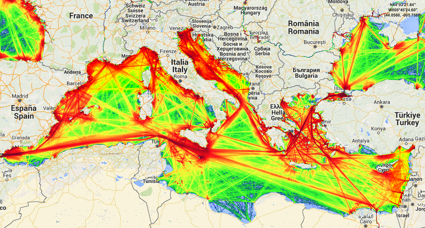 Schiffsverkehr im Mittelmeer: Je röter, desto mehr Verkehr.