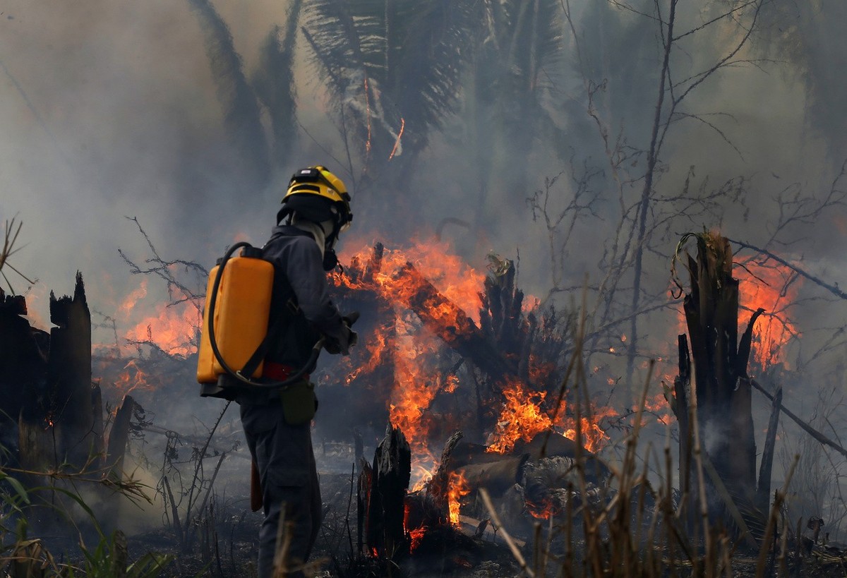 Fire brigade members work to put out fires in Apui, Amazonas state, Brazil, Wednesday, Sept. 21, 2022. The Brazilian Amazon recorded more fires in the first week of Sept. alone than in the whole of th ...