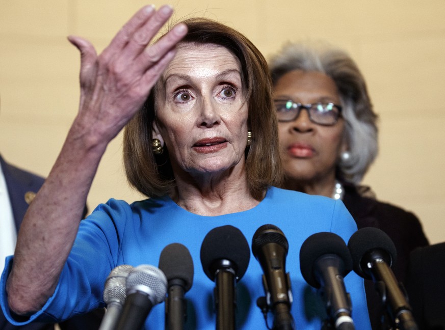 House Minority Leader Nancy Pelosi, D-Calif., joined by Rep. Joyce Beatty, D-Ohio.,speaks to media at Longworth House Office Building on Capitol Hill in Washington, Wednesday, Nov. 28, 2018, to announ ...