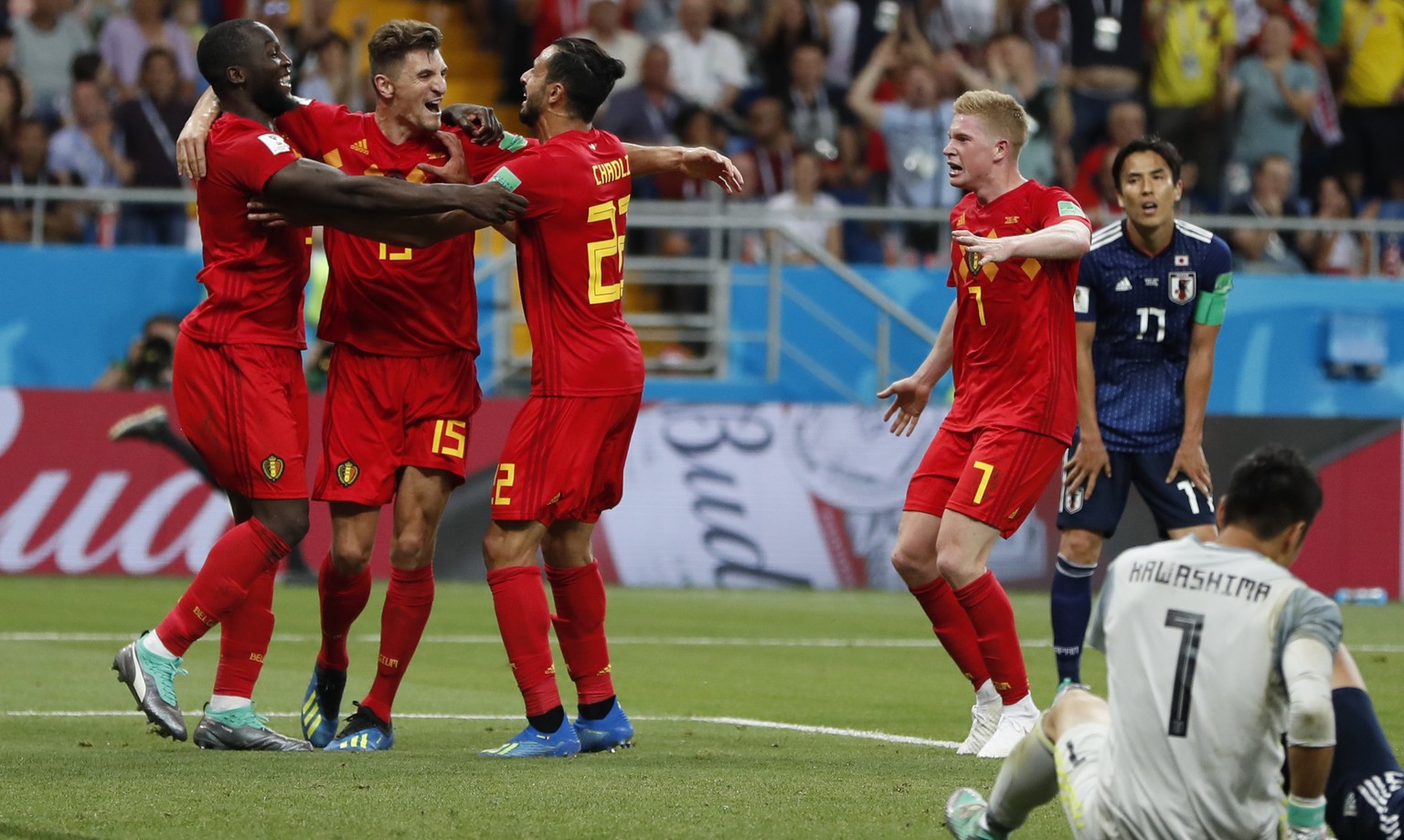 Belgium&#039;s Nacer Chadli, third left, celebrates with teammates after scoring their side&#039;s third goal during the round of 16 match between Belgium and Japan at the 2018 soccer World Cup in the ...