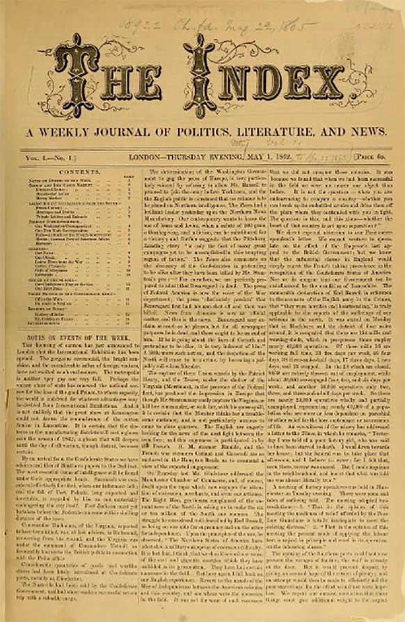Die erste Ausgabe des Index, 1. Mai 1862.
https://archive.org/details/indexweeklyjourn01hotz/page/n7/mode/2up