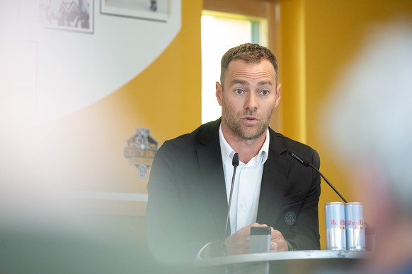 Janick Steinmann, HC Lugano General Manager, during the preseason press conference at the Corner Arena in Lugano, Switzerland, on Wednesday, September 3, 2025..(KEYSTONE/Ti-Press/Elia Bianchi)