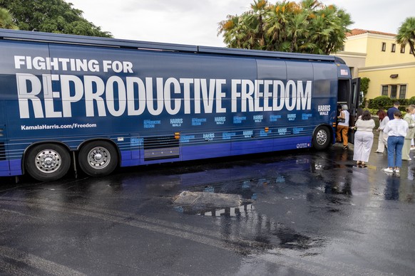 epa11582435 Local and national leaders gather during the launch of the Harris-Walz &#039;The Fighting for Reproductive Freedom&#039; Bus Tour, in Boynton Beach, Florida, USA, 03 September 2024. Accord ...