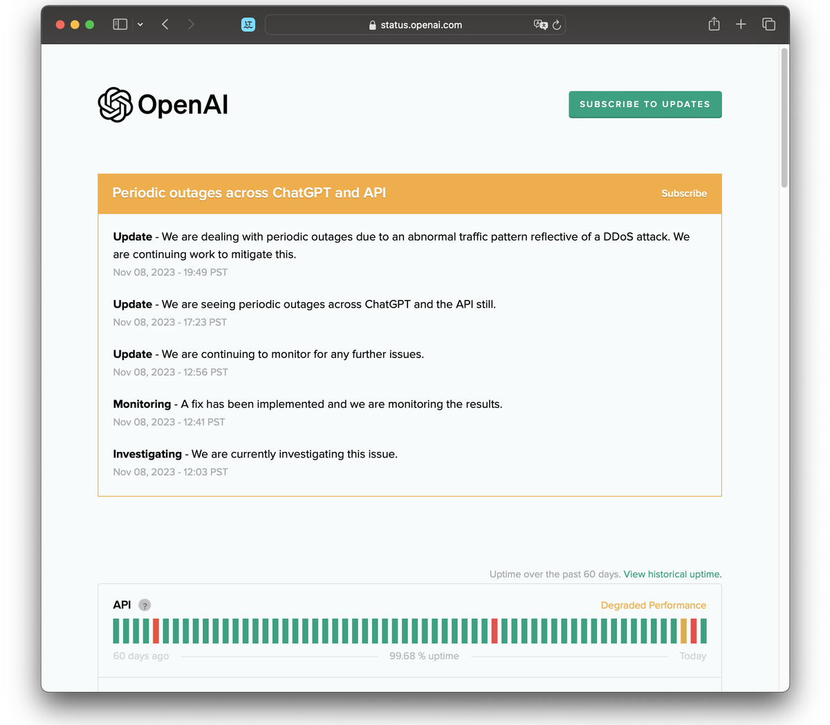 Auf der Status-Seite https://status.openai.com informiert OpenAI über die Verfügbarkeit von ChatGPT und den dazugehörigen Entwicklertools.