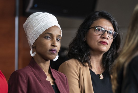 epa07774971 (FILE) - Democratic Representatives Ilhan Omar (L) and Rashida Tlaib speak about President Trump&#039;s Twitter attacks against them in the US Capitol in Washington, DC, USA, 15 July 2019  ...