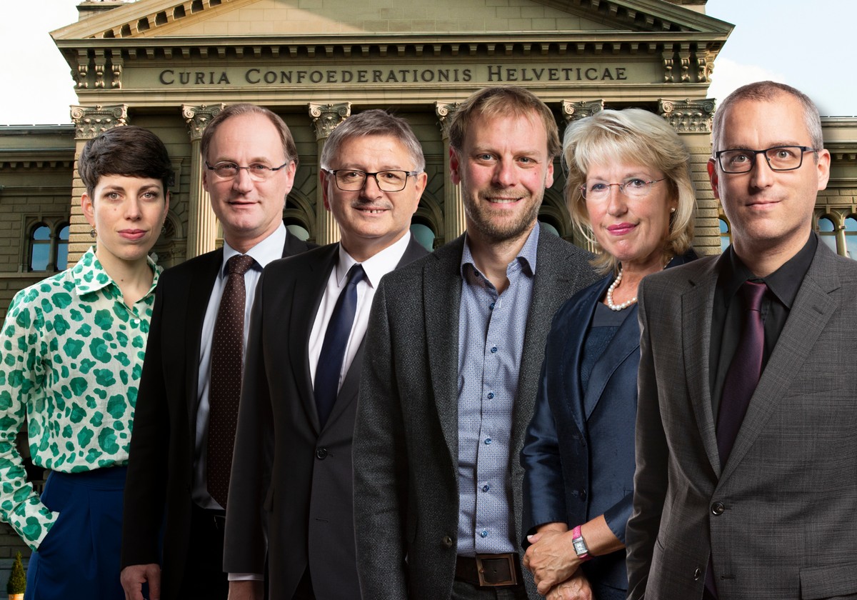De gauche à droite, Lisa Mazzone (Les Vert.e.s), Yves Nidegger (UDC), Charles Juillard (Le Centre), Fabien Fivaz (Les Vert.e.s), Jacqueline De Quattro (PLR) et Christian Dandrès (PS).