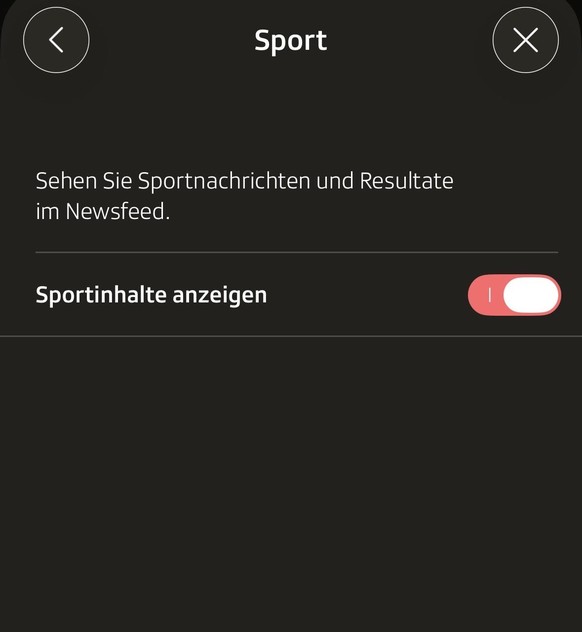 Mit einem Klick können die Sportinhalte in der SRF-Newsapp ausgeblendet werden.