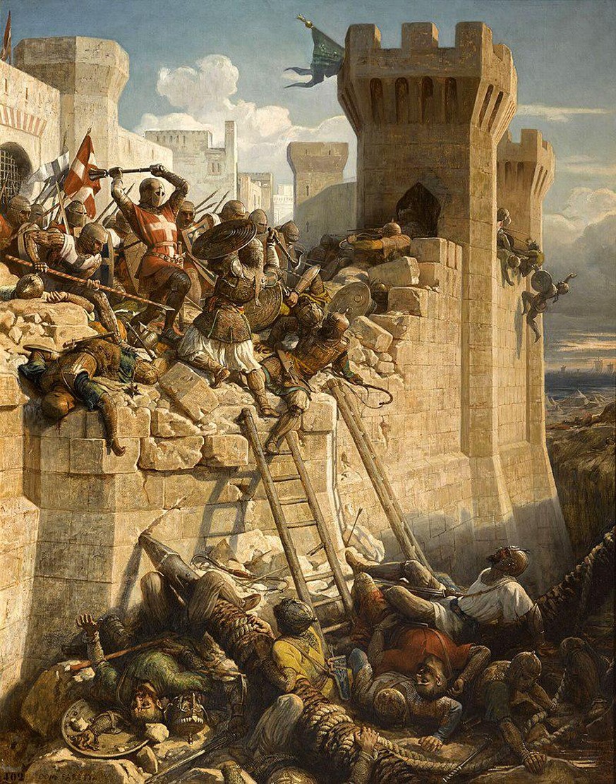 Der Marschall der Johanniter, Mathieu de Clermont, verteidigt die Mauern von Akkon. Gemälde von Dominique Papety, 1845
https://de.wikipedia.org/wiki/Belagerung_von_Akkon_(1291)#/media/Datei:SiegeOfAcr ...