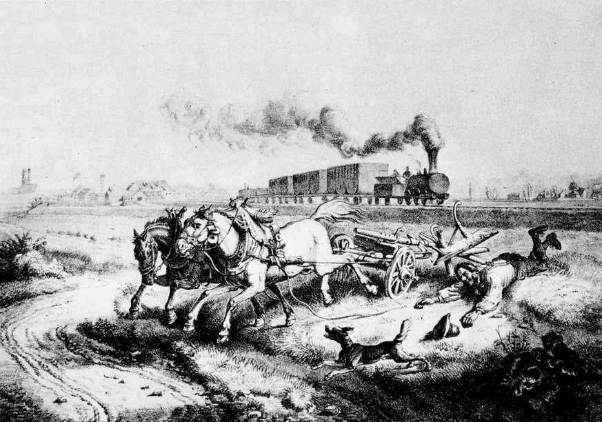 SCHWEIZ EISENBAHN 1858
Die Eisenbahn in der Schweiz als Bauernschreck. Die Angst vor dem technischen Fortschritt, dargestellt in einer Zeichnung von August Schoell aus dem Jahr 1858. (KEYSTONE/PHOTOPR ...