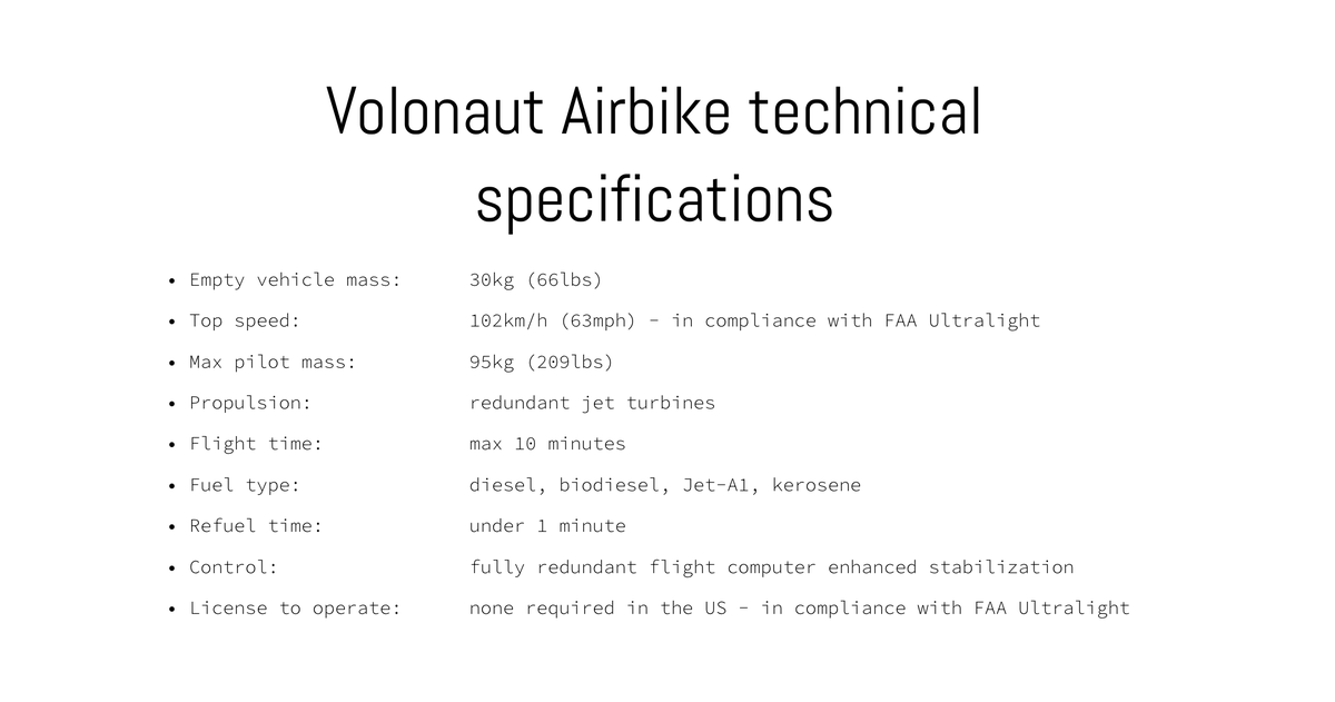 Technische Spezifikationen des «Volonaut Airbike». Screenshot volonaut.com