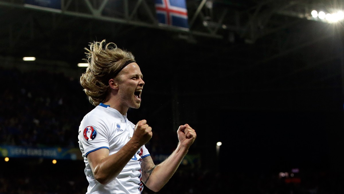Iceland's Birkir Bjarnason celebrates after scoring his sides first goal during the Euro 2016 Group F soccer match between Portugal and Iceland at the Geoffroy Guichard stadium in Saint-Etienne, ...
