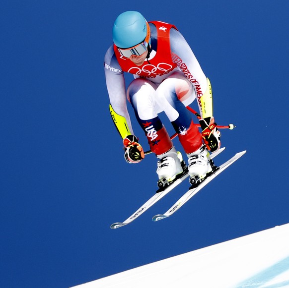 epa09736903 Ryan Cochran-Siegle of the US in action during the Men&#039;s Super-G race of the Alpine Skiing events of the Beijing 2022 Olympic Games at the Yanqing National Alpine Ski Centre Skiing, B ...