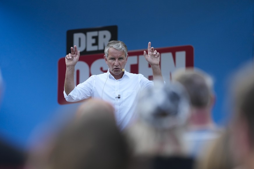 Bjoern Hoecke, top candidate of the far-right Alternative for Germany party, or AfD, speaks on an election campaign rally of the party for upcoming state elections in Suhl, Germany, Tuesday, Aug. 13,  ...