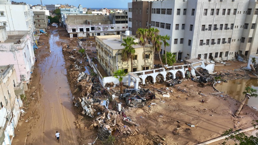 Floodwaters from Mediterranean storm Daniel are visible on Tuesday, Sept. 12, 2023. Scientists say the Mediterranean storm that dumped torrential rain on the Libyan coast is just the latest extreme we ...