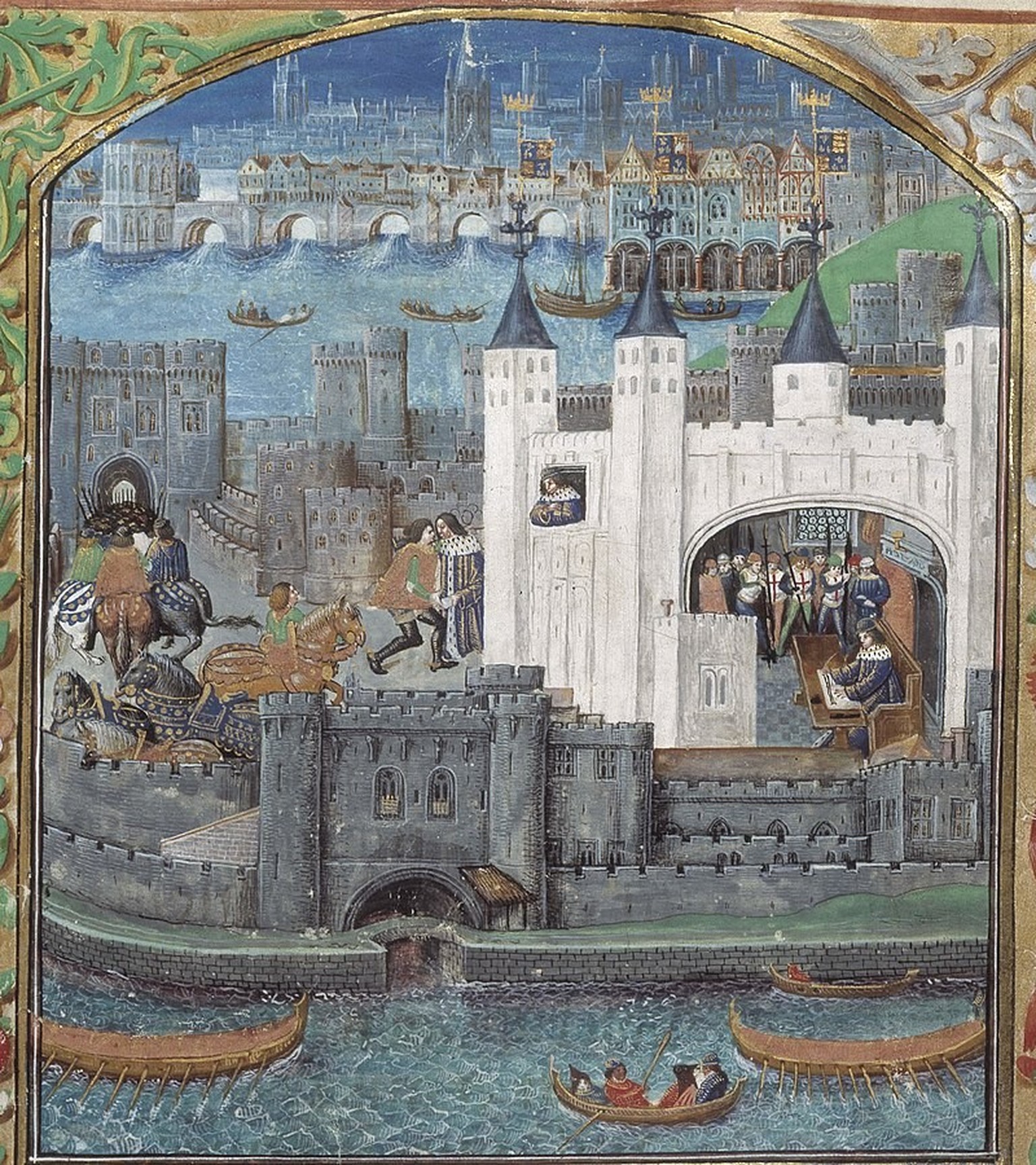 London im 15. Jahrhundert.
A depiction of the imprisonment of Charles, Duke of Orléans, in the Tower of London from a 15th-century manuscript. The White Tower is visible, St Thomas&#039; Tower (also k ...