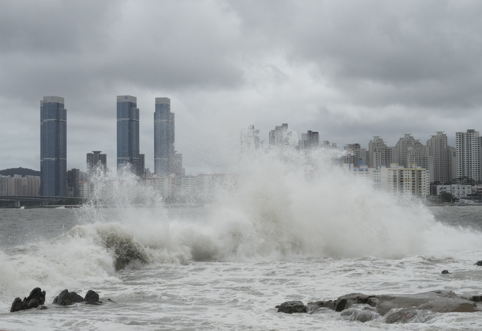 High waves crash a shore as the tropical storm Khanun approaches to the Korean Peninsular, in Busan, Thursday, Aug. 10, 2023. The strong tropical storm blew ashore in South Korea on Thursday morning,  ...