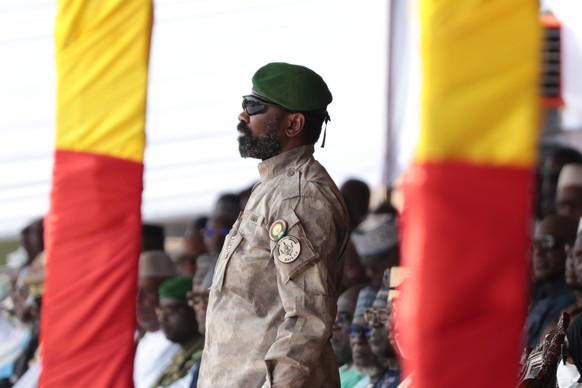 Mali's junta leader Gen. Assimi Goita attends the funeral of former defense minister Sadio Camara at the Military Engineering Parade Ground in Bamako, Mali, Thursday, April 30, 2026. (AP Photo/Bo ...