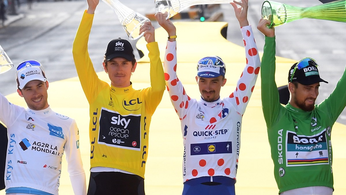 epa07082573 (FILE) - (L-R) AG2R La Mondiale team rider Pierre Roger Latour of France, wearing the best young rider's white jersey, Team Sky rider Geraint Thomas of Britain, wearing the overall le ...