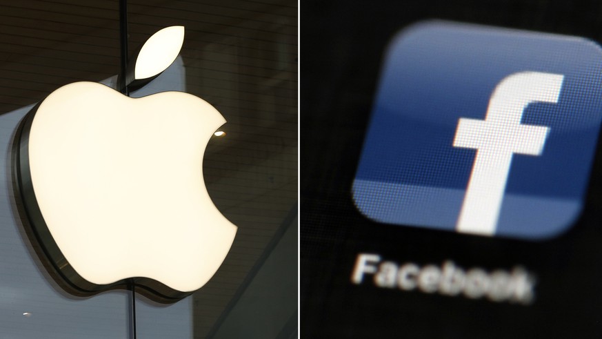 FILE - This combo of file photos shows the Apple and Facebook logos. Facebook is again pushing back on new Apple privacy rules for its mobile devices, this time saying the social media giant is standi ...