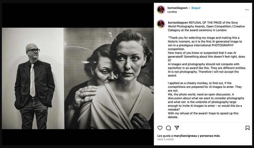Screenshot Instagram-Account von Boris Eldagsen, der mit einem KI-generierten Bild bei einem internationalen Fotowettbewerb gewann und den Preis ablehnte.