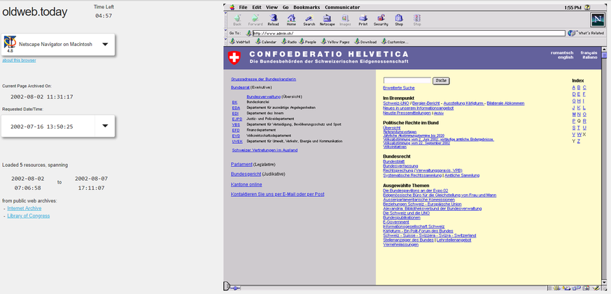 So sah die Website admin.ch im Jahr 2002 im Netscape Navigator auf dem Mac aus.