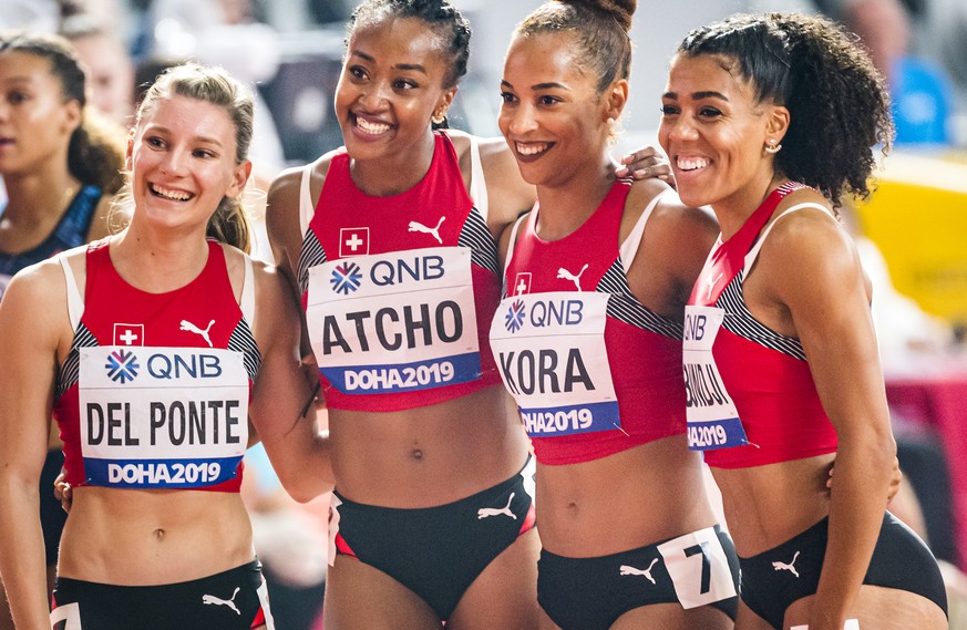 From left to right, Ajla Del Ponte, Sarah Atcho, Salome Kora, Mujinga Kambundji from Switzerland react during the women&#039;s 4x100 meters relay qualification round at the IAAF World Athletics Champi ...