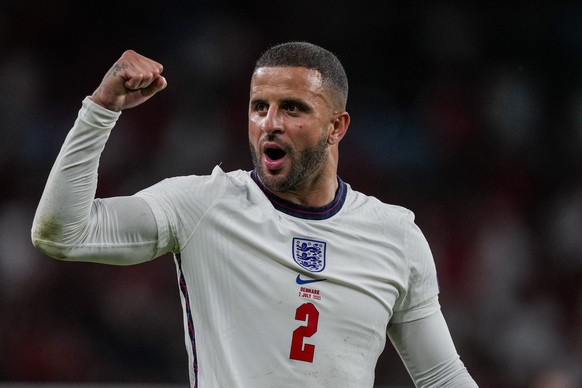England&#039;s Kyle Walker celebrates after winning the Euro 2020 soccer championship semifinal match against Denmark at Wembley stadium in London, Wednesday, July 7, 2021. (AP Photo/Frank Augstein, P ...
