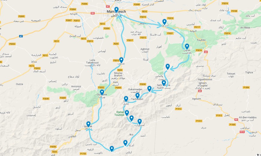 Die ungefähre Route von Lucas und Lucy mit Start und Ziel in Marrakesch.