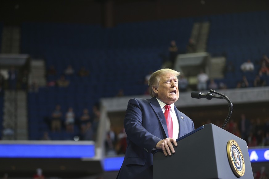 President Donald Trump speaks during his campaign rally at BOK Center in Tulsa, Okla., Saturday, June 20, 2020. (Ian Maule/Tulsa World/Tulsa World via AP)