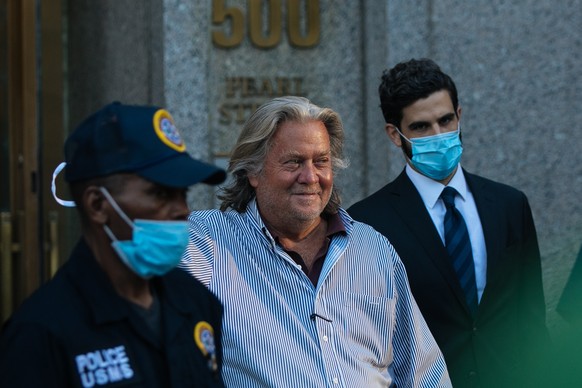 epaselect epa08615498 Former advisor to US President Donald J. Trump Stephen Bannon leaves federal court after his arraignment on charges of using funds raised for border wall construction to pay for  ...