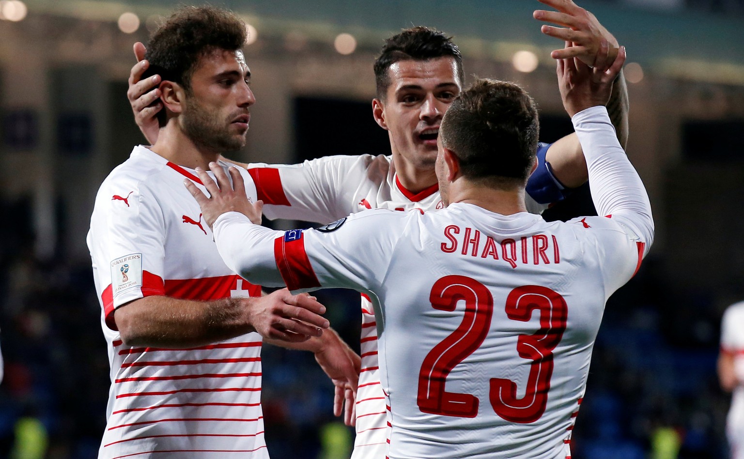 Football Soccer - Andorra v Switzerland - World Cup 2018 Qualifier - Estadi Nacional, Andorra la Vella, Andorra - 10/10/16.Switzerland&#039;s Xherdan Shaqiri, Admir Mehmedi and Granit Xhaka celebrate  ...