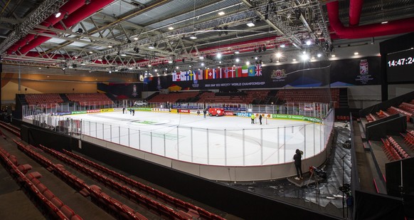 epa09215058 General view of the Olympic Sports Centre in Riga, Latvia, 20 May 2021. The IIHF Ice Hockey World Championship 2021 will take place in Riga, Latvia, from 21 May until 06 June 2021. EPA/SAL ...