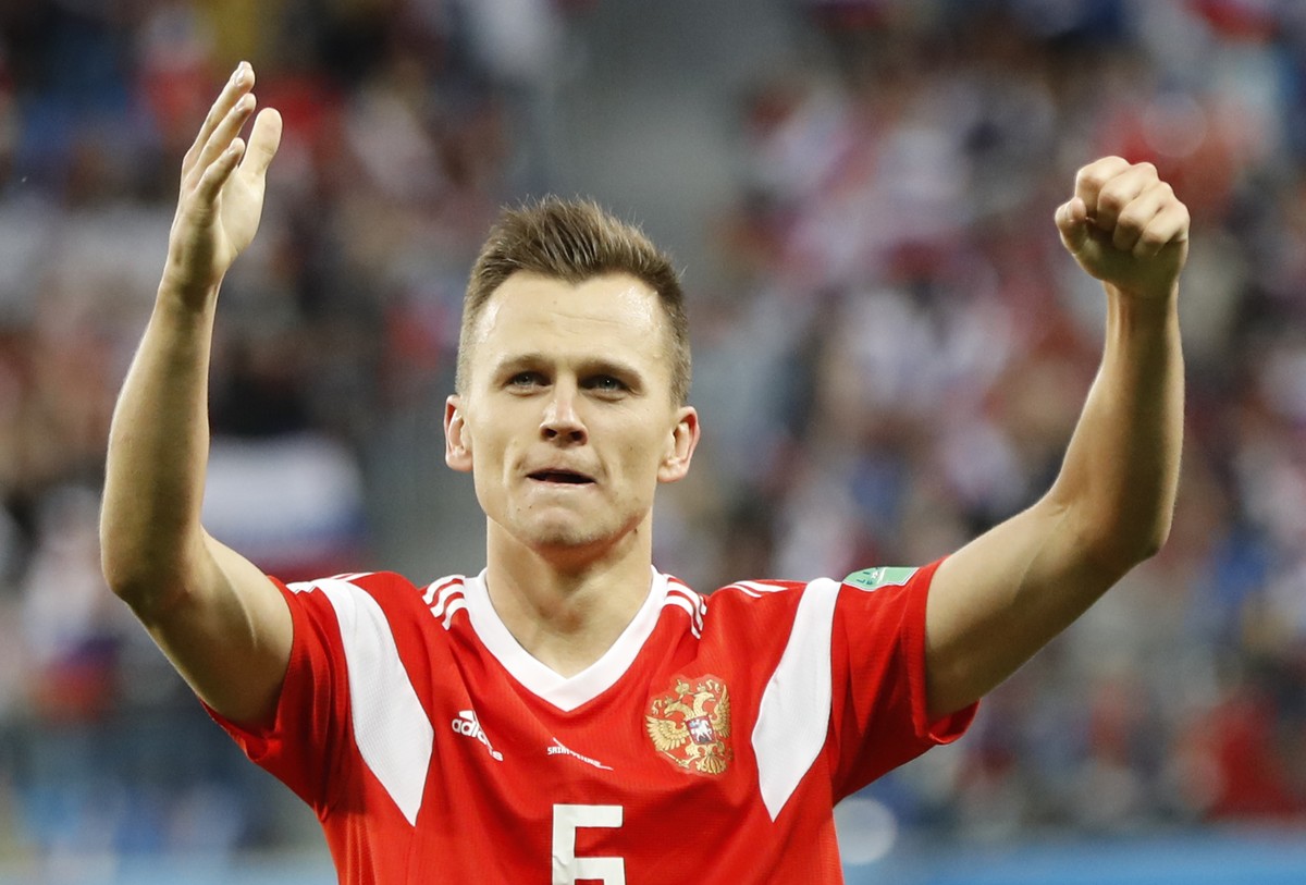 Russia's Denis Cheryshev celebrates after scoring his team second goal during the group A match between Russia and Egypt at the 2018 soccer World Cup in the St. Petersburg stadium in St. Petersbu ...