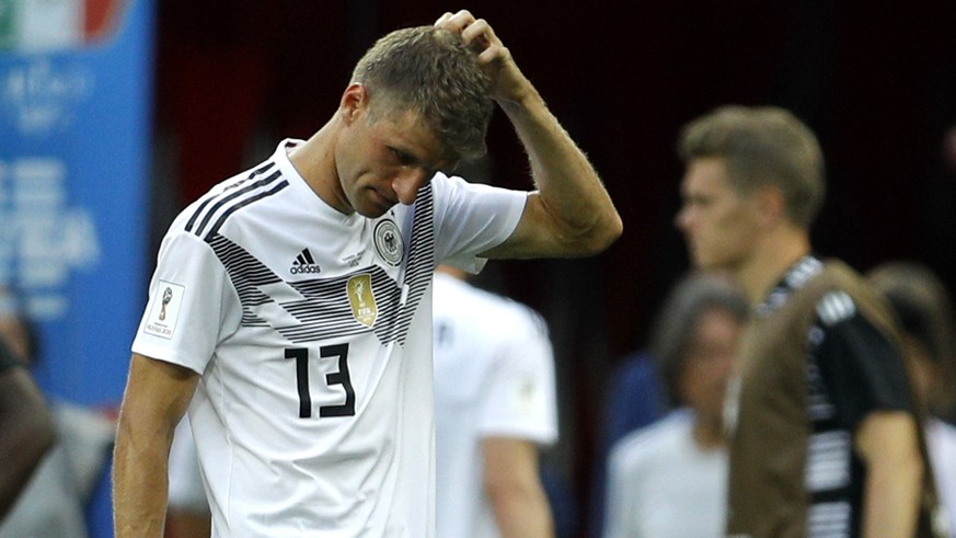 Germany&#039;s Thomas Mueller reacts at the end of the group F match between Germany and Mexico at the 2018 soccer World Cup in the Luzhniki Stadium in Moscow, Russia, Sunday, June 17, 2018. Mexico wo ...