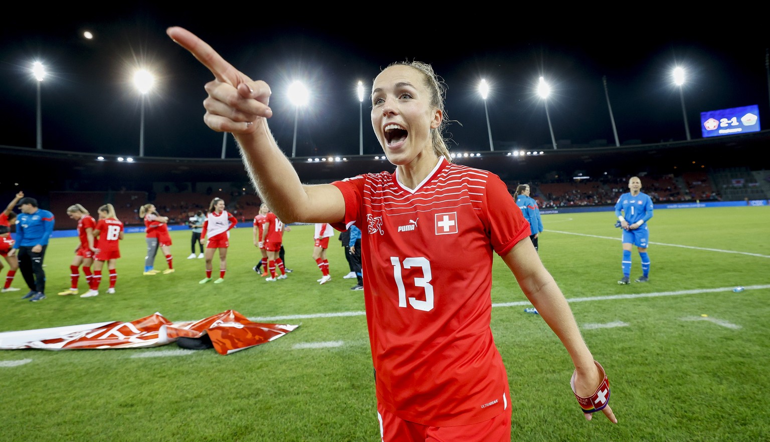 Switzerlands Lia Waelti celebrates after the FIFA Women&#039;s World Cup 2023 qualifying round group G soccer match between the national soccer teams of Switzerland and Wales, at the Letzigrund stadiu ...