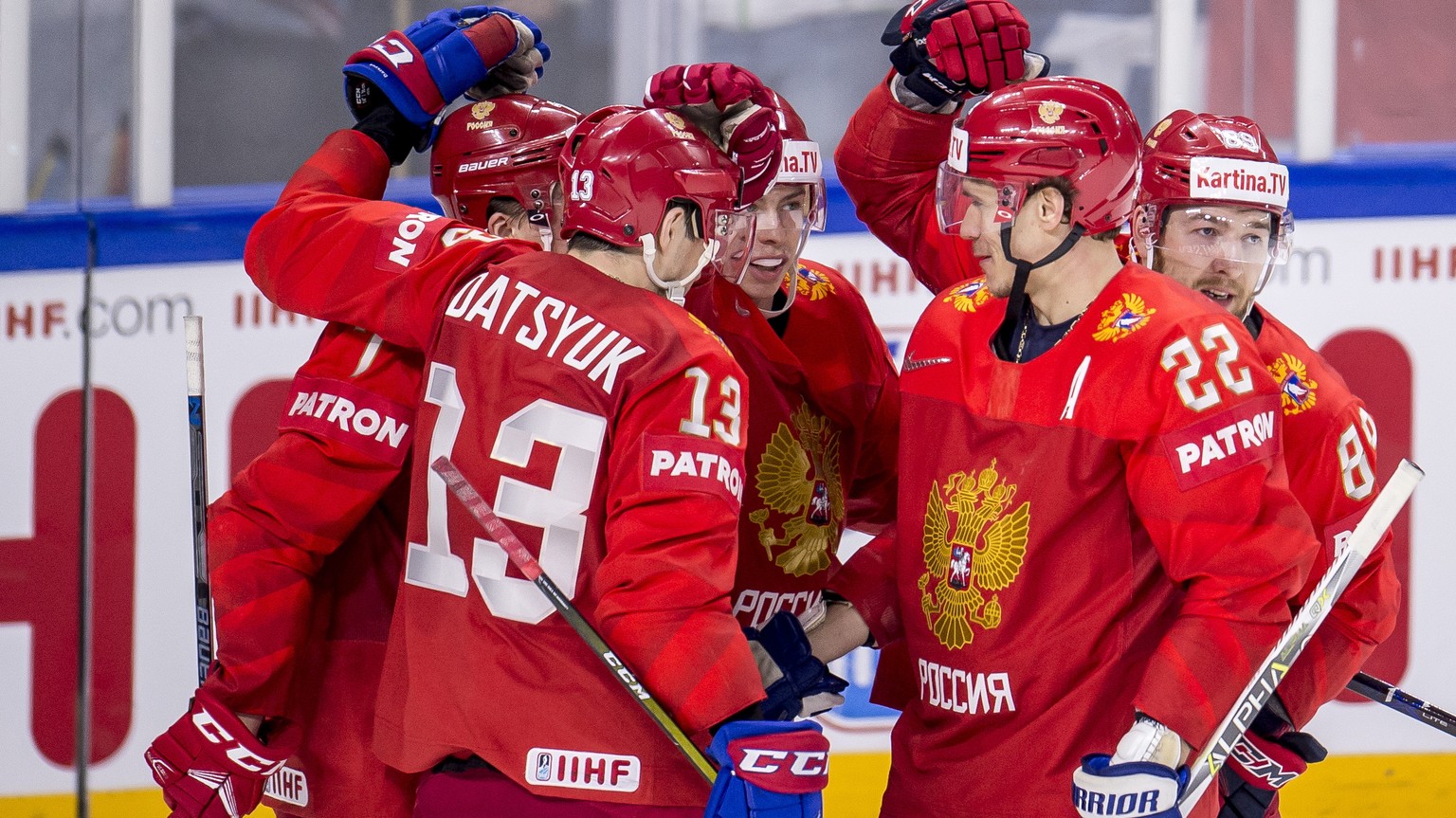 epa06736184 Russia players celebrate a goal during the IIIHF World Championship group A ice hockey match between Russia and Slovakia at Royal Arena in Copenhagen, Denmark, 14 May 2018. EPA/MADS CLAUS  ...