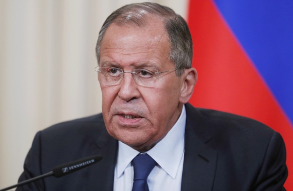 epa06735947 Russian Foreign Minister Sergei Lavrov attends a press conference with Egyptian Foreign Minister Sameh Shoukry during their meeting in Moscow, Russia, 14 May 2018. Media reports state that ...
