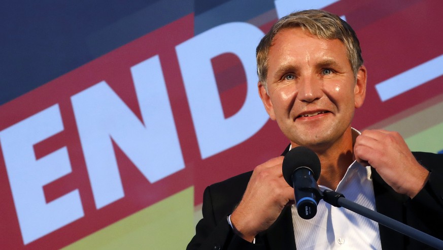 epa07805285 Alternative for Germany party (AfD) faction chairman in the regional parliament of Thuringia, Bjoern Hoecke speaks in an election campaign closing event in Koenigs Wusterhausen, Germany, 3 ...