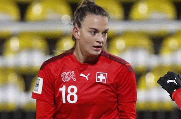 Switzerland's Riola Xhemaili, center, celebrates with teammates after scoring her side's sixth goal during the Women's World Cup 2023 Group G qualifying soccer match between Lithuania a ...