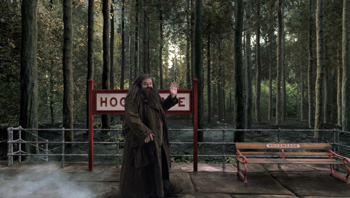 This image released by Universal Orlando shows the character Hagrid from the "Happy Potter" book and film series in a scene from the Hogwarts Express attraction that will debut this summer a ...