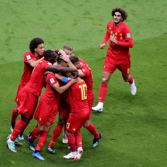 epa06869292 Players of Belgium celebrate the 1-0 lead during the FIFA World Cup 2018 quarter final soccer match between Brazil and Belgium in Kazan, Russia, 06 July 2018.

(RESTRICTIONS APPLY: Edito ...