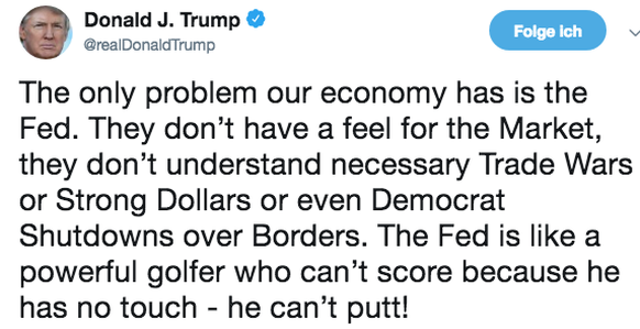 Mit diesem Tweet attackierte Trump den Fed-Präsidenten.